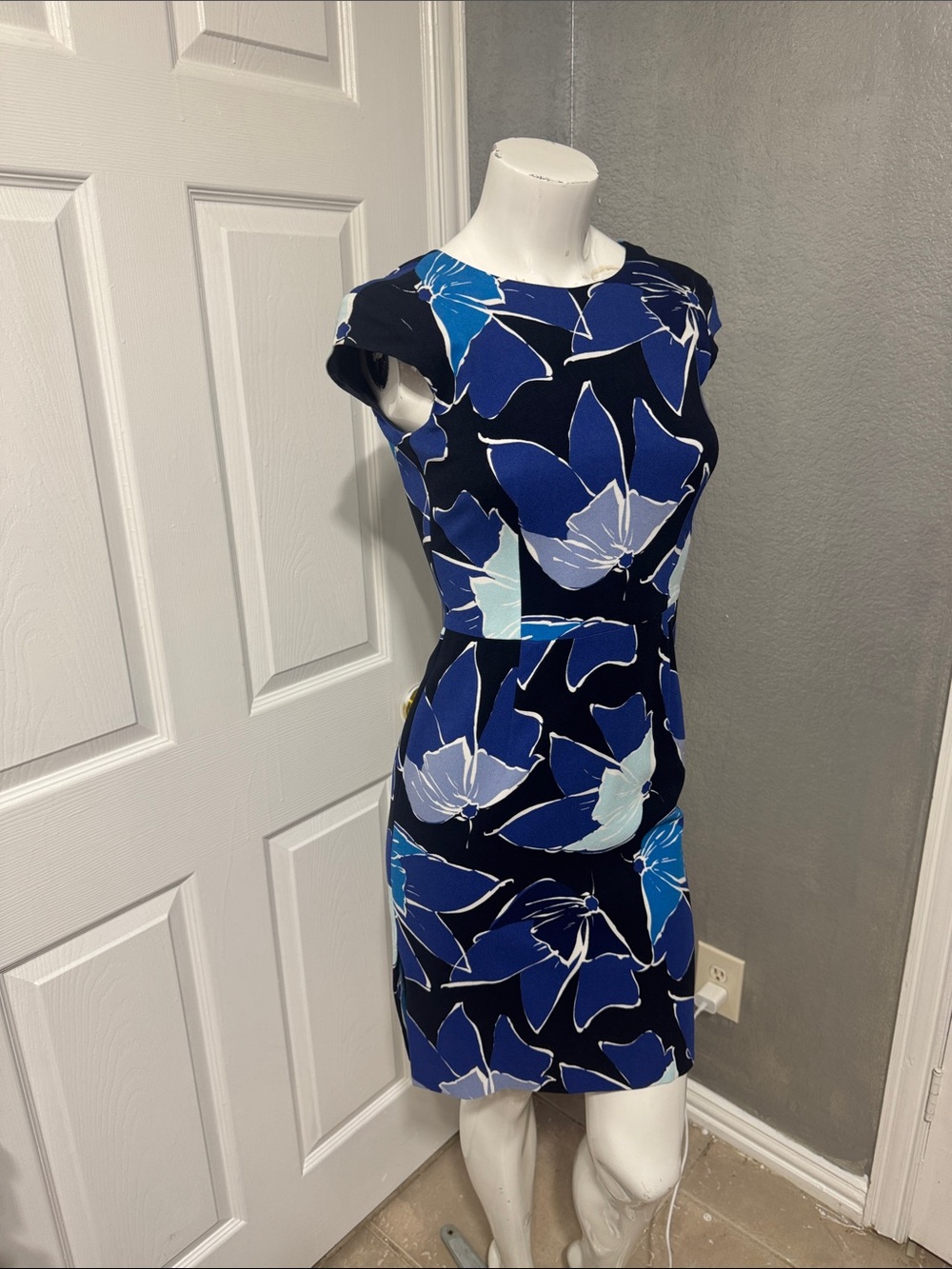 Escada Floral Sheath Dress in Navy & Blue